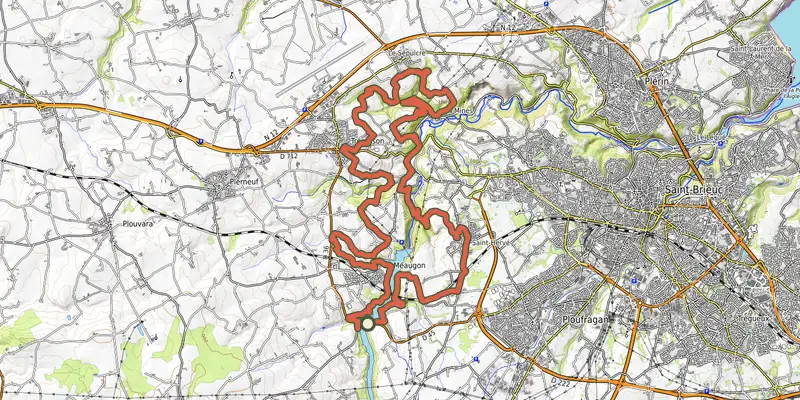 Carte du tracé de Circuit VTT n°17 - La Méaugon // St-Donan // Ploufragan // Plérin // Trémuson (noir) sur OpenTopoMap, départ et points de passage numérotés