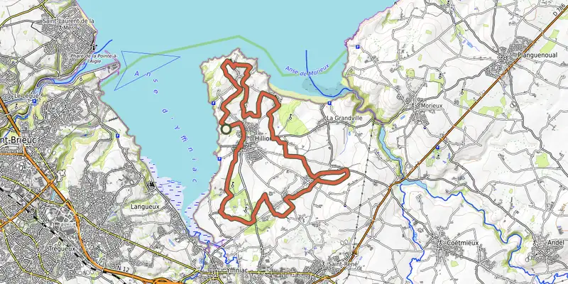Carte du tracé de Circuit VTT n°21 - Hillion (vert) sur le Plan IGN, départ et points de passage numérotés