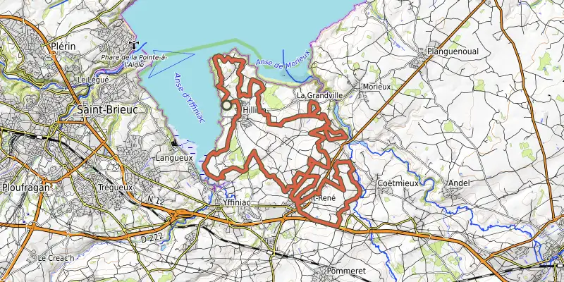 Map of the Circuit VTT n°27 - Hillion (rouge) track on OpenTopoMap, with the start and numbered waypoints