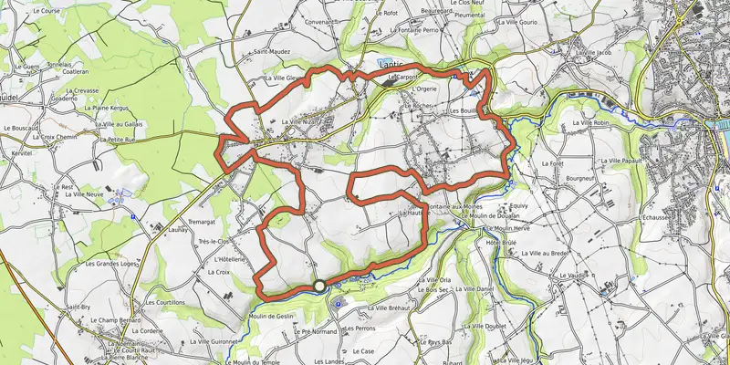 Map of the Circuit VTT n°2 - Lantic // Plourhan (bleu) track on the IGN map, with the start and numbered waypoints