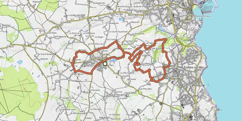 Map of the Circuit VTT n°7 - Plourhan // Binic-Etables-sur-Mer (vert) track on OpenTopoMap, with the start and numbered waypoints