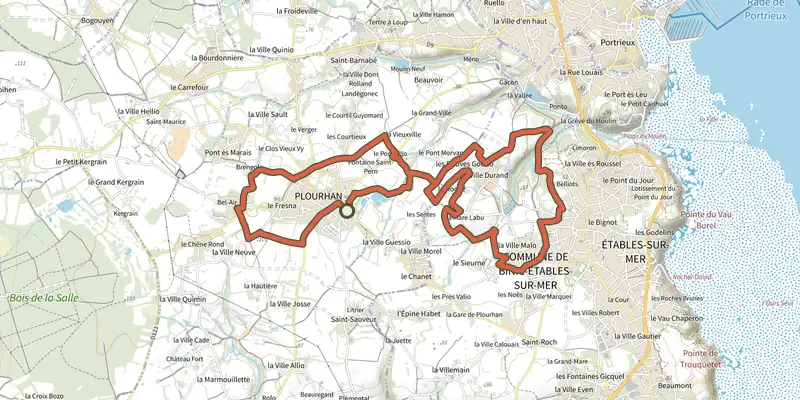 Map of the Circuit VTT n°7 - Plourhan // Binic-Etables-sur-Mer (vert) track on the IGN map, with the start and numbered waypoints