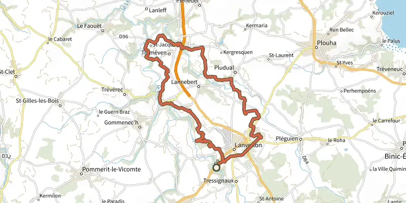 Map of the Sur le chemin de Saint Jacques - VTT track on OpenTopoMap, with the start and numbered waypoints