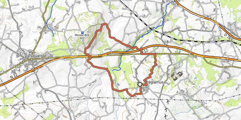 Carte du tracé de Circuit VTT 10 : Circuit du Jaudy sur OpenTopoMap, départ et points de passage numérotés