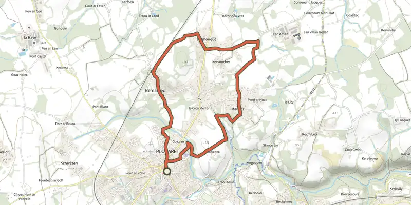 Carte du tracé de Autour de Plouaret sur le Plan IGN, départ et points de passage numérotés