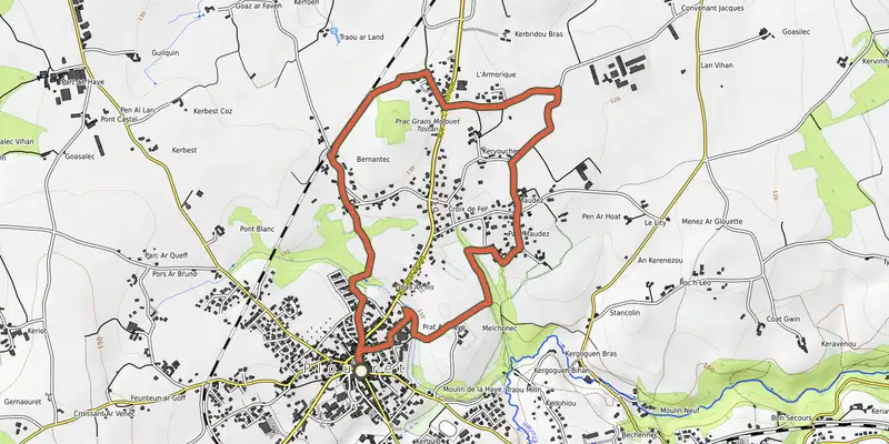 Map of the Autour de Plouaret track on OpenTopoMap, with the start and numbered waypoints