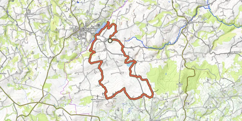Map of the Entre les deux étangs à Plougras track on OpenTopoMap, with the start and numbered waypoints