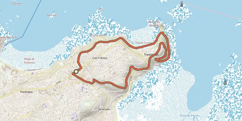 Map of the Pas à pas sur le circuit balnéaire de Trestrignel track on the IGN map, with the start and numbered waypoints