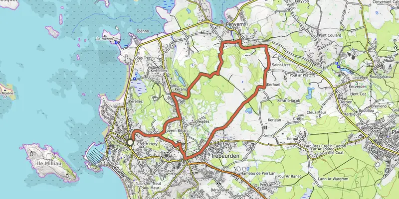 Carte du tracé de Circuit des chapelles sur le Plan IGN, départ et points de passage numérotés