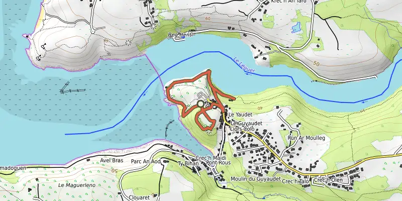 Map of the Balade découverte du Yaudet track on OpenTopoMap, with the start and numbered waypoints