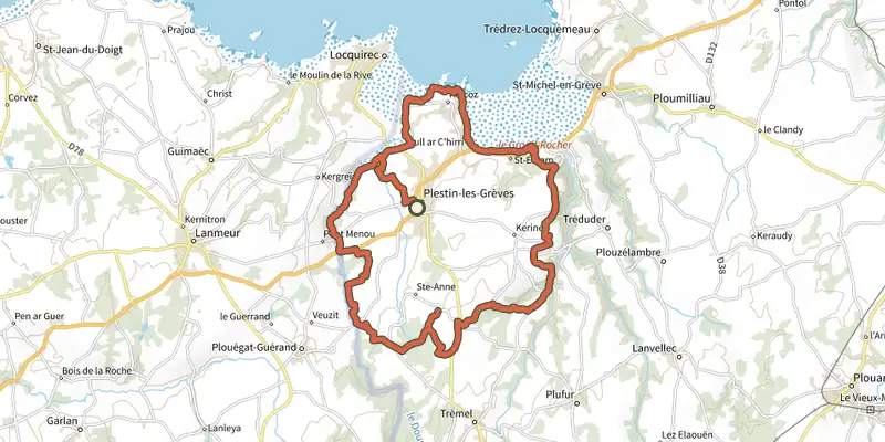 Carte du tracé de Tro Plistin sur OpenTopoMap, départ et points de passage numérotés