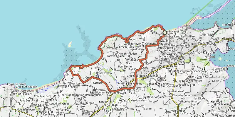 Map of the Circuit des phares track on OpenTopoMap, with the start and numbered waypoints