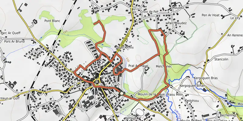 Map of the Autour de Luzel - Sentier d'interprétation track on OpenTopoMap, with the start and numbered waypoints