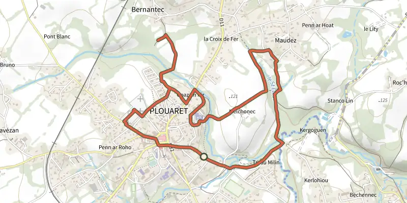 Carte du tracé de Autour de Luzel - Sentier d'interprétation sur le Plan IGN, départ et points de passage numérotés