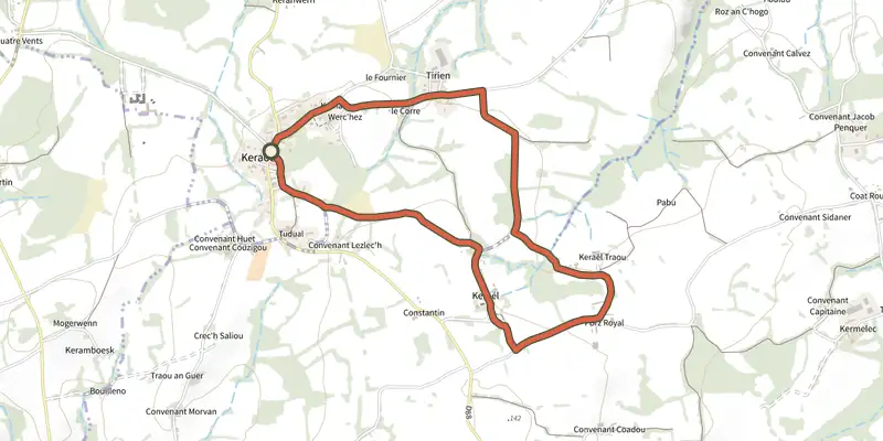 Map of the Circuit des Chapelles - Boucle de Keraudy track on OpenTopoMap, with the start and numbered waypoints