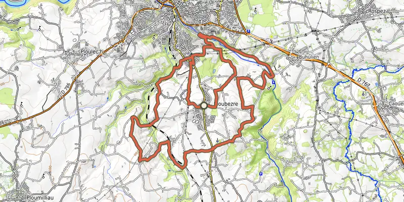Map of the VTT Ploubezre track on OpenTopoMap, with the start and numbered waypoints