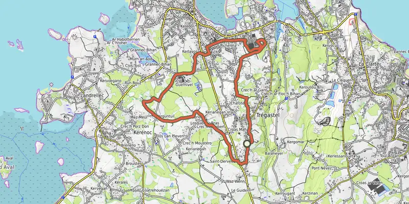 Carte du tracé de VTT Circuit des Mégalithes sur le Plan IGN, départ et points de passage numérotés