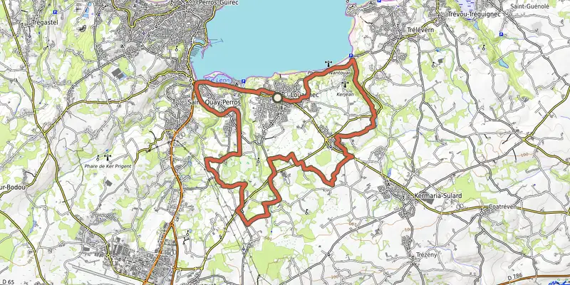 Map of the VTT Louannec Entre vert et bleu track on OpenTopoMap, with the start and numbered waypoints