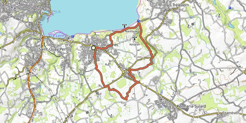 Map of the VTT Louannec Entre vert et bleu, variante track on OpenTopoMap, with the start and numbered waypoints