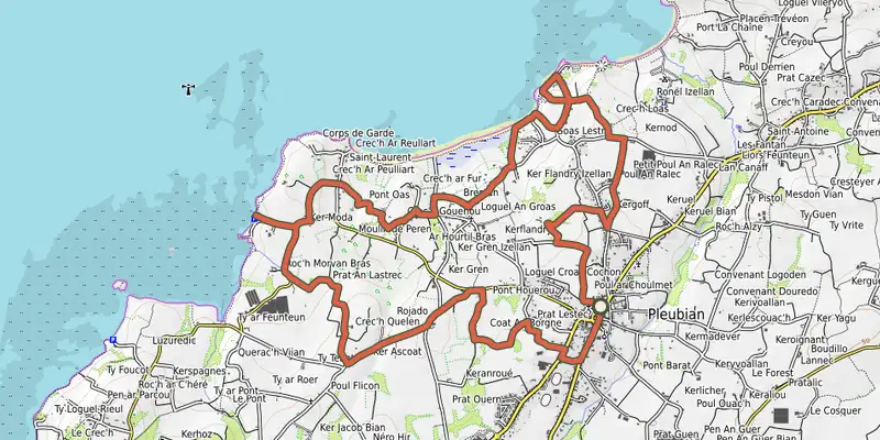 Map of the VTT Circuit de la Presqu'île, variante track on OpenTopoMap, with the start and numbered waypoints