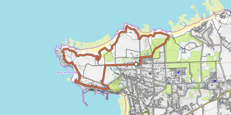 Map of the Circuit des Plages Sauvages track on OpenTopoMap, with the start and numbered waypoints