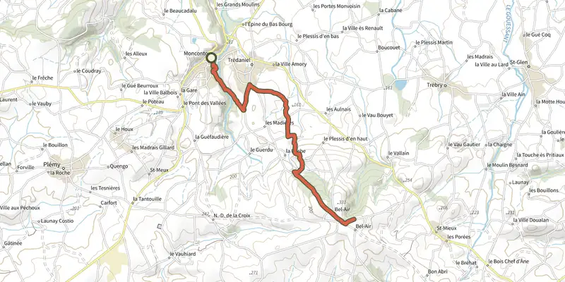 Map of the A l'ascension du Mont Bel Air track on the IGN map, with the start and numbered waypoints