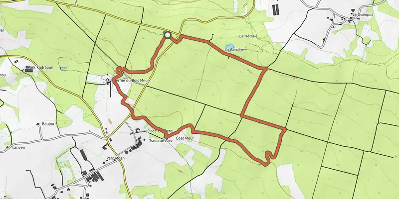 Map of the Circuit des voies romaines - Bois d'Avaugour track on OpenTopoMap, with the start and numbered waypoints
