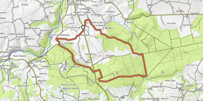 Map of the Sentier de la forêt - entre nuit et jour track on the IGN map, with the start and numbered waypoints