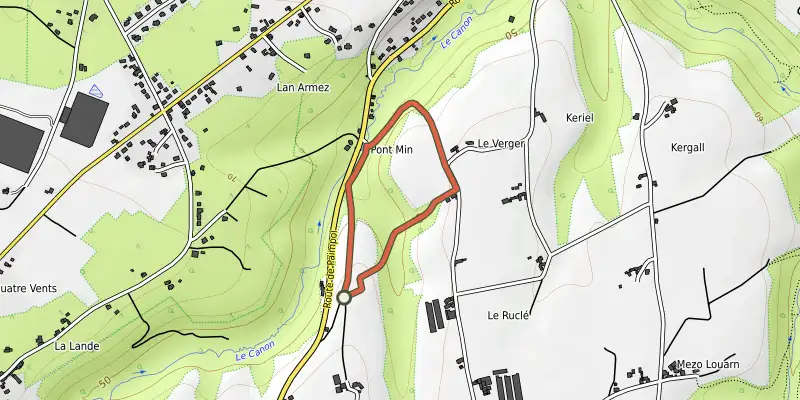 Carte du tracé de Sentier botanique de Pont-Min - Plourivo sur le Plan IGN, départ et points de passage numérotés