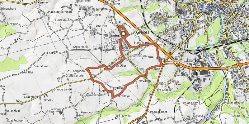 Carte du tracé de Traou An Dour sur le Plan IGN, départ et points de passage numérotés