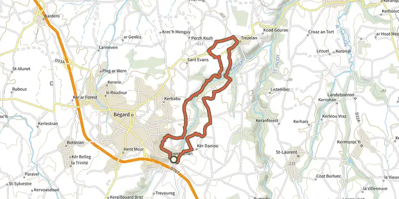 Carte du tracé de Vallée du Donant sur le Plan IGN, départ et points de passage numérotés