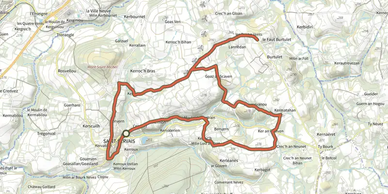 Carte du tracé de Circuit des éoliennes sur le Plan IGN, départ et points de passage numérotés