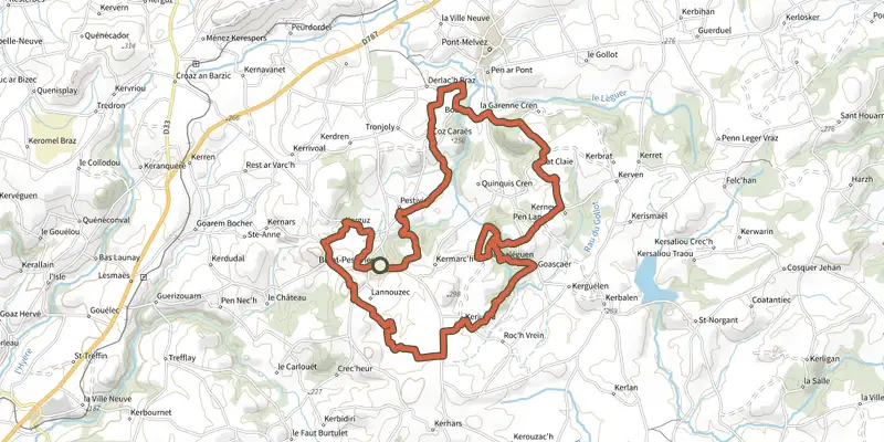 Carte du tracé de Circuit Penn Stivien sur le Plan IGN, départ et points de passage numérotés