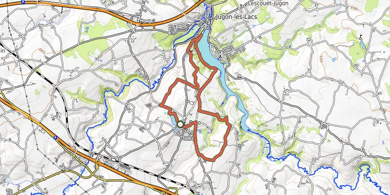 Carte du tracé de VTT Circuit du Lac au Lou n°5 sur le Plan IGN, départ et points de passage numérotés
