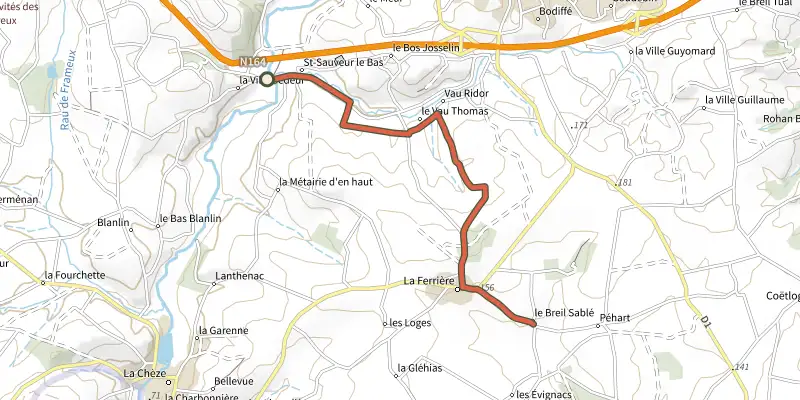 Map of the Liaison VTT Circuits 29 à 31 track on the IGN map, with the start and numbered waypoints