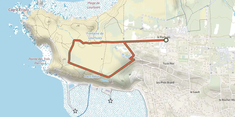Map of the Les Landes track on the IGN map, with the start and numbered waypoints