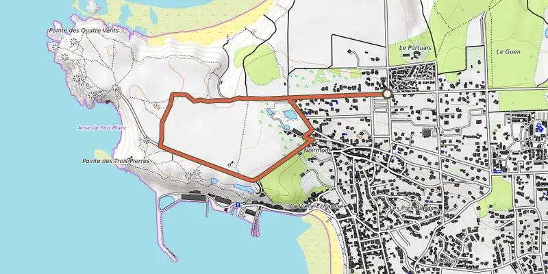 Map of the Les Landes track on OpenTopoMap, with the start and numbered waypoints