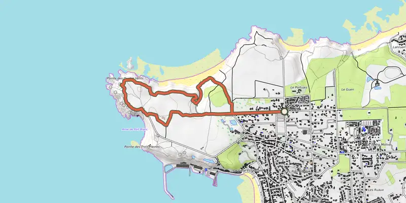 Map of the La pointe du Cap track on OpenTopoMap, with the start and numbered waypoints