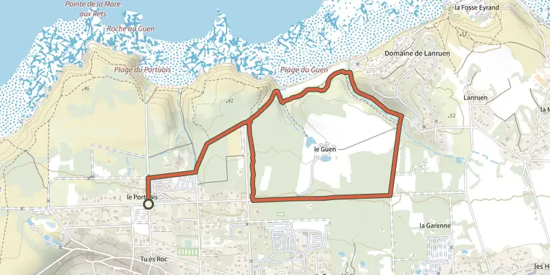 Map of the Entre mer et bois track on the IGN map, with the start and numbered waypoints