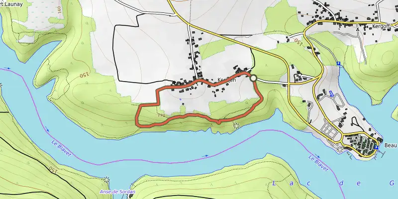 Map of the Balade dans le Bois de Kériven - Caurel track on OpenTopoMap, with the start and numbered waypoints