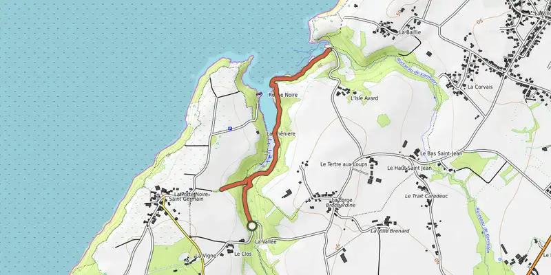 Map of the Balade dans la Vallée du Moulin de la Mer - Matignon track on OpenTopoMap, with the start and numbered waypoints