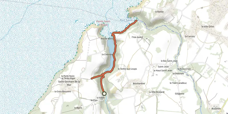 Carte du tracé de Balade dans la Vallée du Moulin de la Mer - Matignon sur le Plan IGN, départ et points de passage numérotés