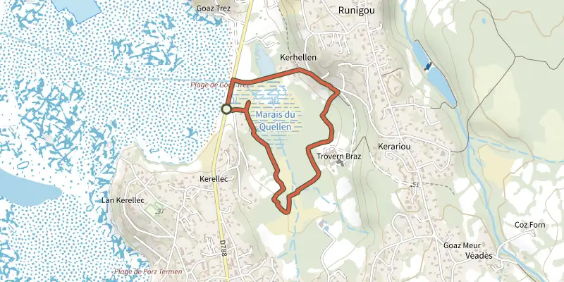 Map of the Le marais du Quellen track on OpenTopoMap, with the start and numbered waypoints