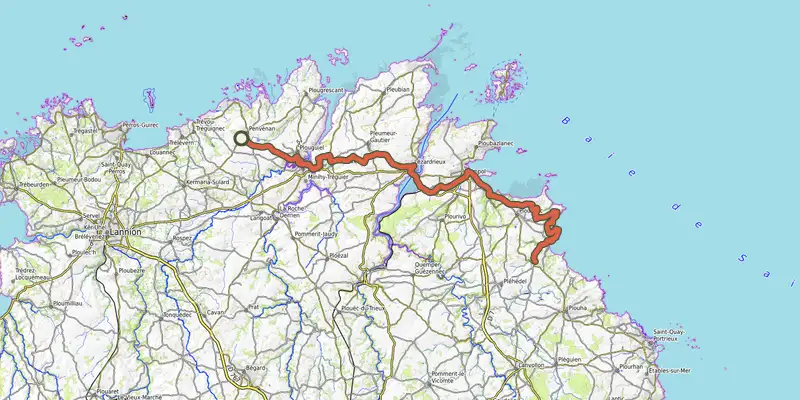 Carte du tracé de EV4 - La Vélomaritime® - section 2/5 sur le Plan IGN, départ et points de passage numérotés