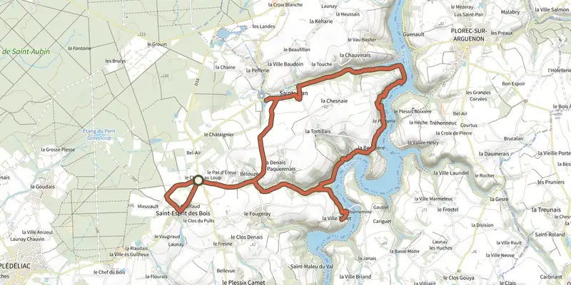 Map of the Balade sur les rives de l'Arguenon track on the IGN map, with the start and numbered waypoints