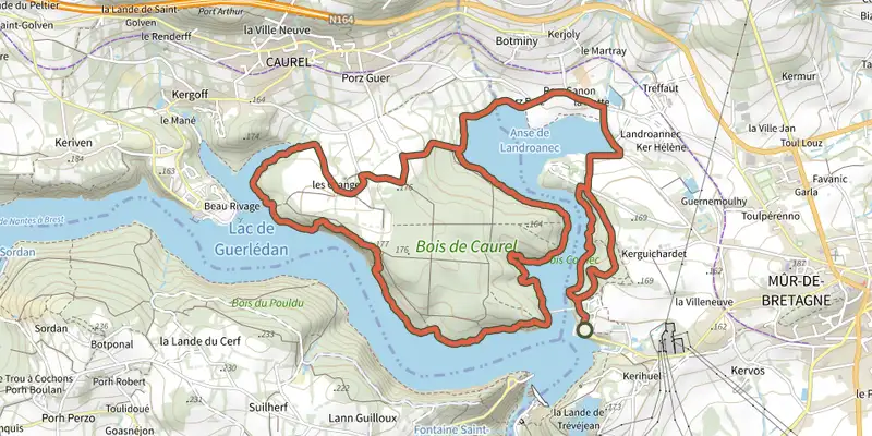 Map of the Circuit Trail Le bois de Caurel track on the IGN map, with the start and numbered waypoints
