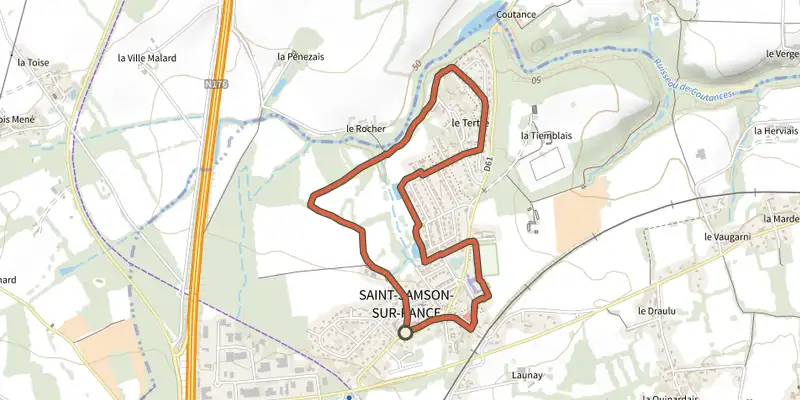 Map of the La balade du Tertre track on OpenTopoMap, with the start and numbered waypoints