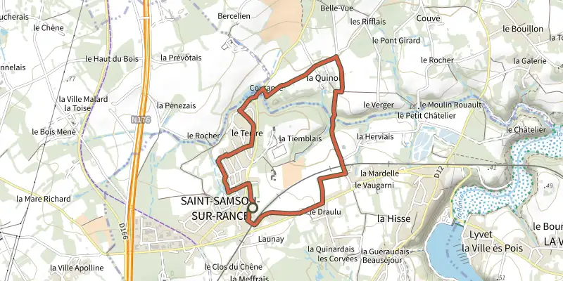 Map of the La balade de la Quinois track on the IGN map, with the start and numbered waypoints