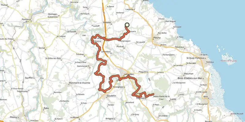 Map of the Mon Tro Breizh - Leff Armor - partie 6 track on the IGN map, with the start and numbered waypoints