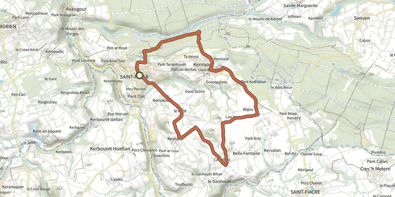 Carte du tracé de De Restudo à la forêt d'Avaugour sur le Plan IGN, départ et points de passage numérotés